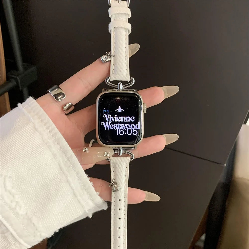 For Apple Watch Series 11 10 42mm / 9 8 7 41mm / SE3 SE2 SE 6 5 4 40mm / 3 2 1 38mm Denim Cloth Band Heart Pendant Strap - White - 6