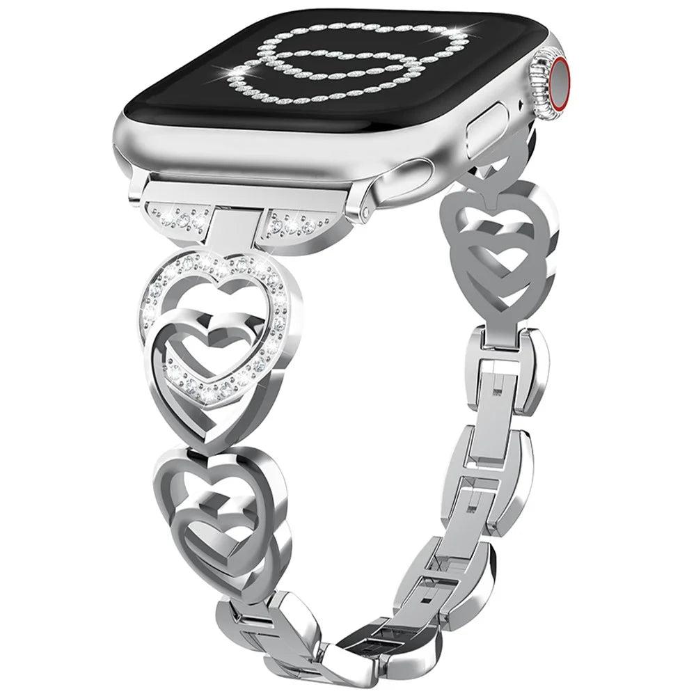 For Apple Watch Series 11 10 42mm / 9 8 7 41mm / SE3 SE2 SE 6 5 4 40mm / 3 2 1 38mm Zinc Alloy Band Love Heart Design Watch Strap - Silver - 1