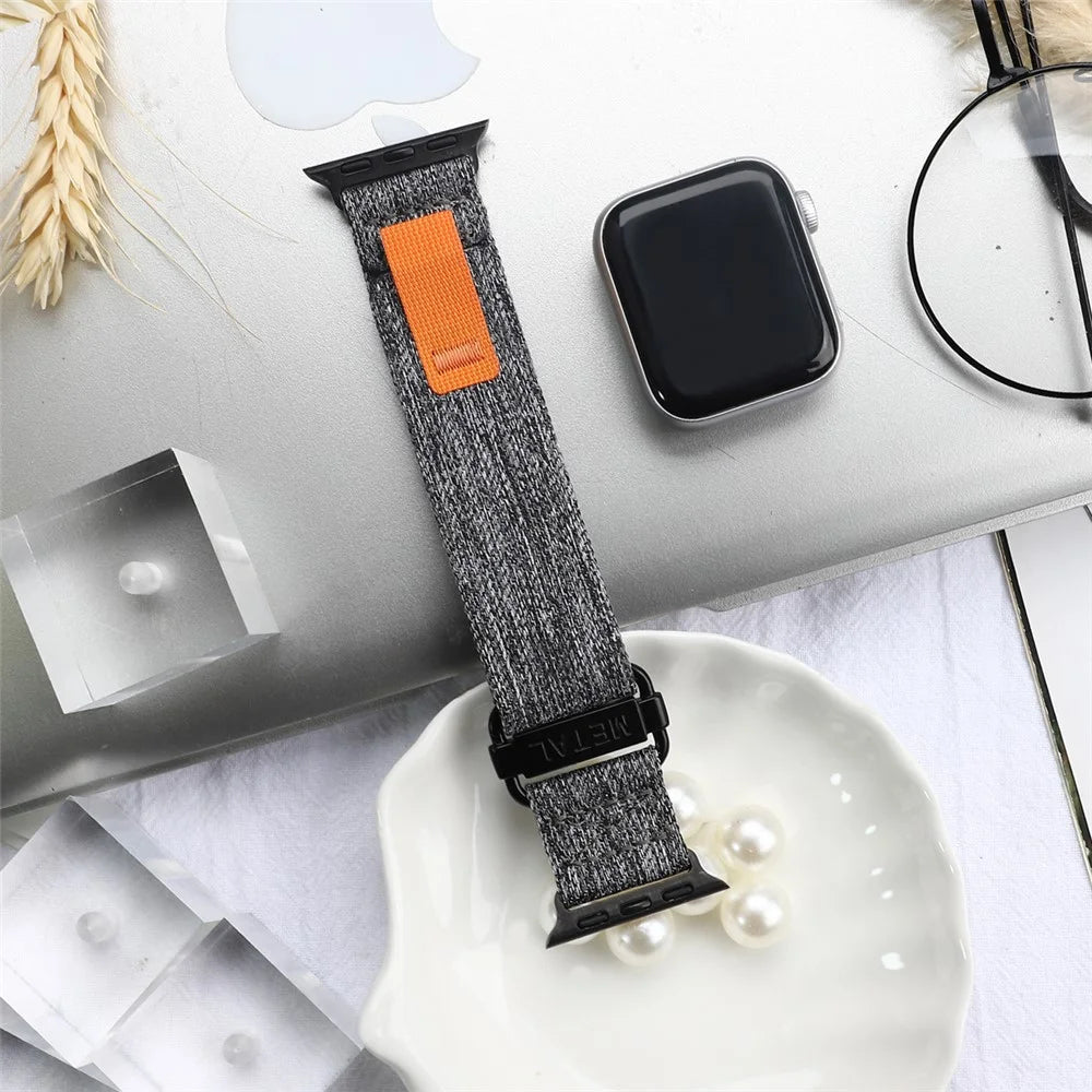 KALEBOL For Apple Watch Ultra 3 2 1 49mm / Series 11 10 46mm / 9 8 7 45mm / SE3 SE2 SE 6 5 4 44mm / 3 2 1 42mm Breathable Magic Tape Nylon Strap - Black+Grey - 4