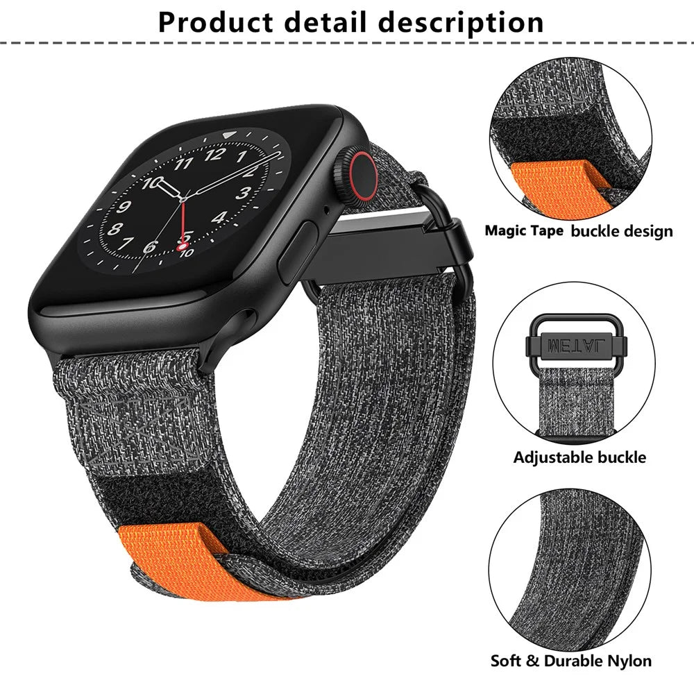 KALEBOL For Apple Watch Ultra 3 2 1 49mm / Series 11 10 46mm / 9 8 7 45mm / SE3 SE2 SE 6 5 4 44mm / 3 2 1 42mm Breathable Magic Tape Nylon Strap - Black+Grey - 7
