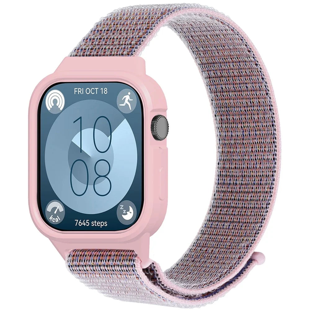 Integrated Watch Strap for Huawei Watch Fit 3 Woven Nylon Watchband with TPU Watch Case - Pink - 2