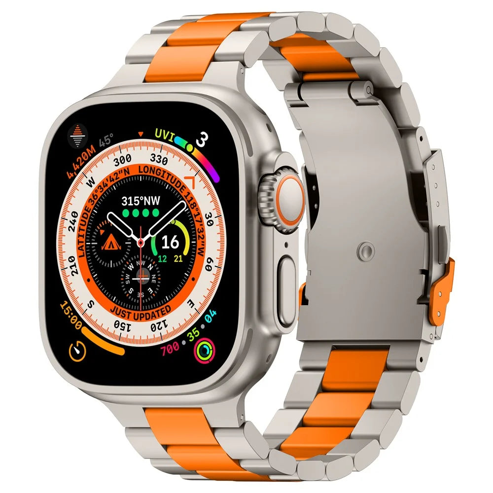 For Apple Watch Series 11 10 42mm / 9 8 7 41mm / SE3 SE2 SE 6 5 4 40mm / 3 2 1 38mm 3-Bead Titanium Alloy Watch Strap Replacement Band - Titanium+Orange - 2
