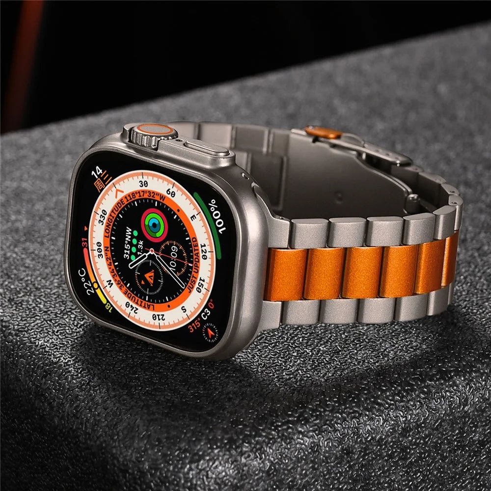 For Apple Watch Series 11 10 42mm / 9 8 7 41mm / SE3 SE2 SE 6 5 4 40mm / 3 2 1 38mm 3-Bead Titanium Alloy Watch Strap Replacement Band - Titanium+Orange - 4