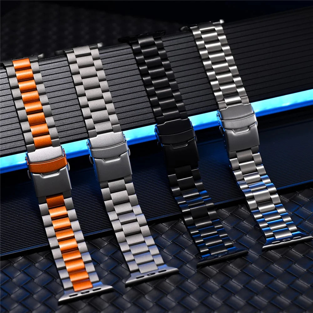 For Apple Watch Series 11 10 42mm / 9 8 7 41mm / SE3 SE2 SE 6 5 4 40mm / 3 2 1 38mm 3-Bead Titanium Alloy Watch Strap Replacement Band - Titanium+Orange - 7