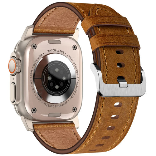 KALEBOL For Apple Watch Ultra 3 2 1 49mm / Series 11 10 46mm / 9 8 7 45mm / SE3 SE2 SE 6 5 4 44mm / 3 2 1 42mm Cowhide Leather Band - Titanium+Red Brown - 1