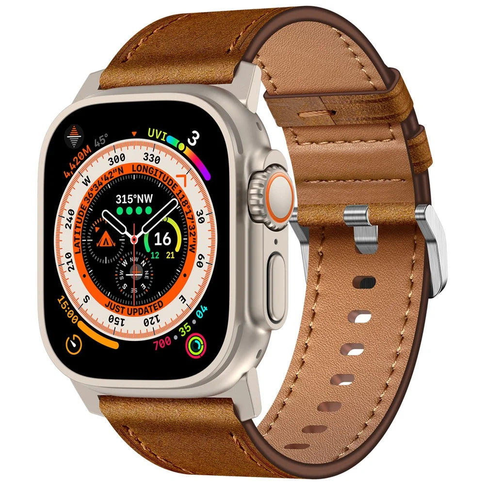 KALEBOL For Apple Watch Ultra 3 2 1 49mm / Series 11 10 46mm / 9 8 7 45mm / SE3 SE2 SE 6 5 4 44mm / 3 2 1 42mm Cowhide Leather Band - Titanium+Red Brown - 2