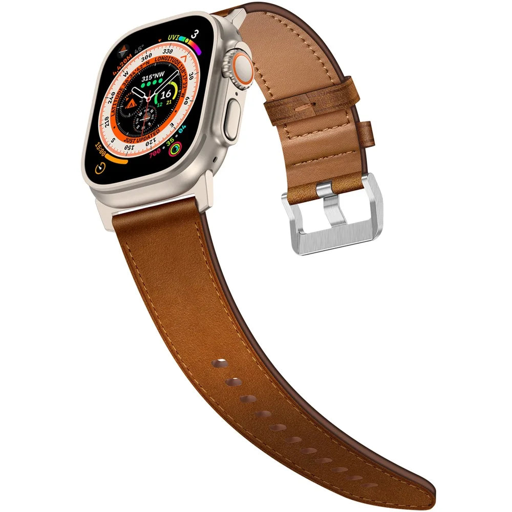 KALEBOL For Apple Watch Ultra 3 2 1 49mm / Series 11 10 46mm / 9 8 7 45mm / SE3 SE2 SE 6 5 4 44mm / 3 2 1 42mm Cowhide Leather Band - Titanium+Red Brown - 3
