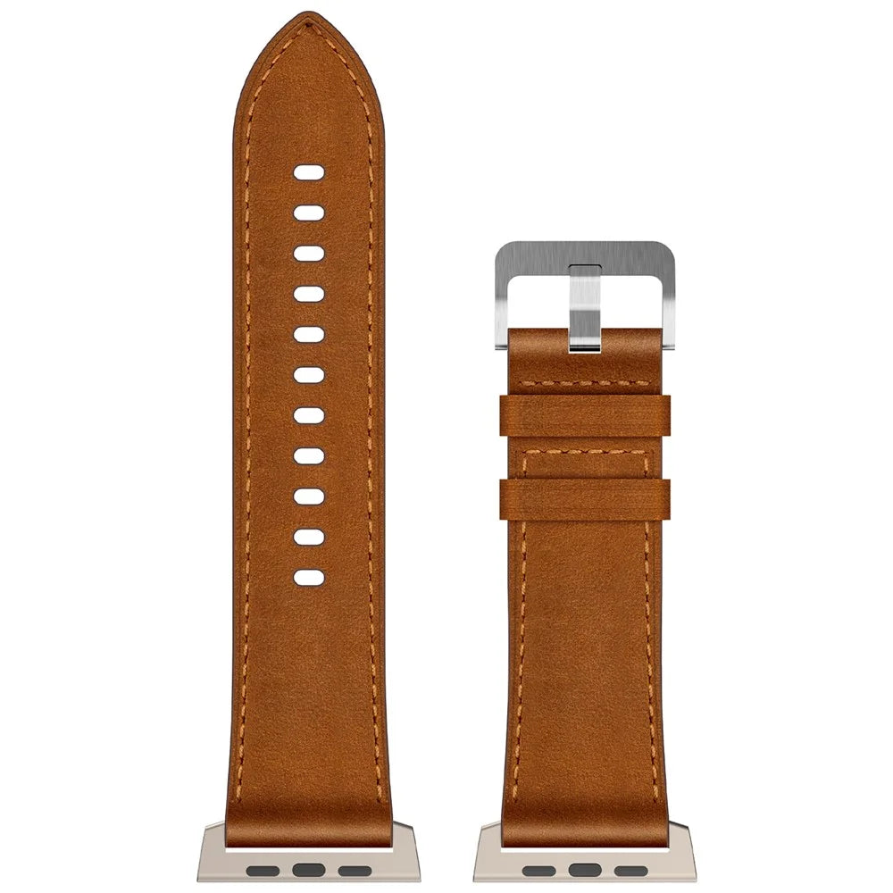 KALEBOL For Apple Watch Ultra 3 2 1 49mm / Series 11 10 46mm / 9 8 7 45mm / SE3 SE2 SE 6 5 4 44mm / 3 2 1 42mm Cowhide Leather Band - Titanium+Red Brown - 4