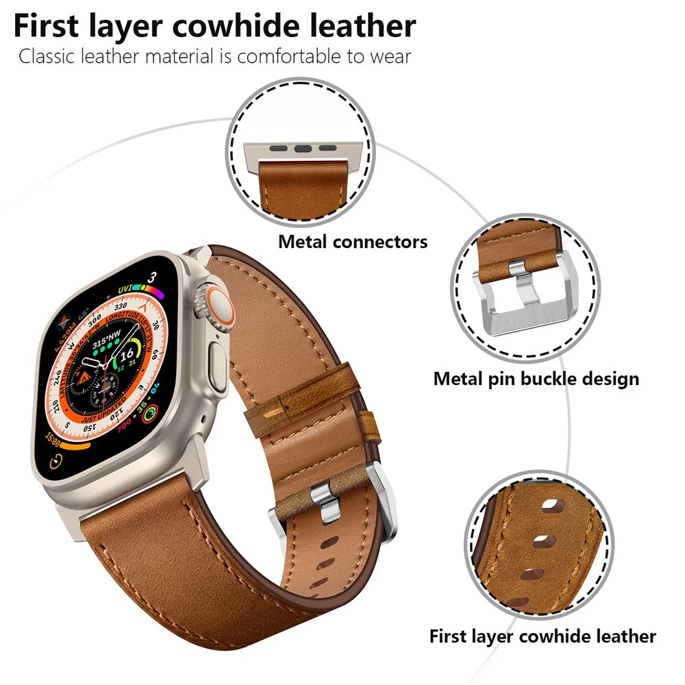 KALEBOL For Apple Watch Ultra 3 2 1 49mm / Series 11 10 46mm / 9 8 7 45mm / SE3 SE2 SE 6 5 4 44mm / 3 2 1 42mm Cowhide Leather Band - Titanium+Red Brown - 5