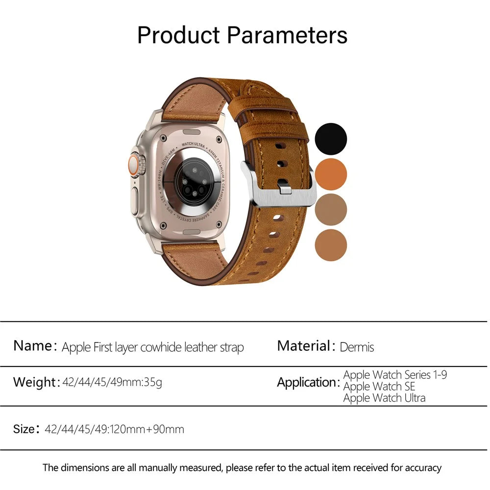 KALEBOL For Apple Watch Ultra 3 2 1 49mm / Series 11 10 46mm / 9 8 7 45mm / SE3 SE2 SE 6 5 4 44mm / 3 2 1 42mm Cowhide Leather Band - Titanium+Red Brown - 6