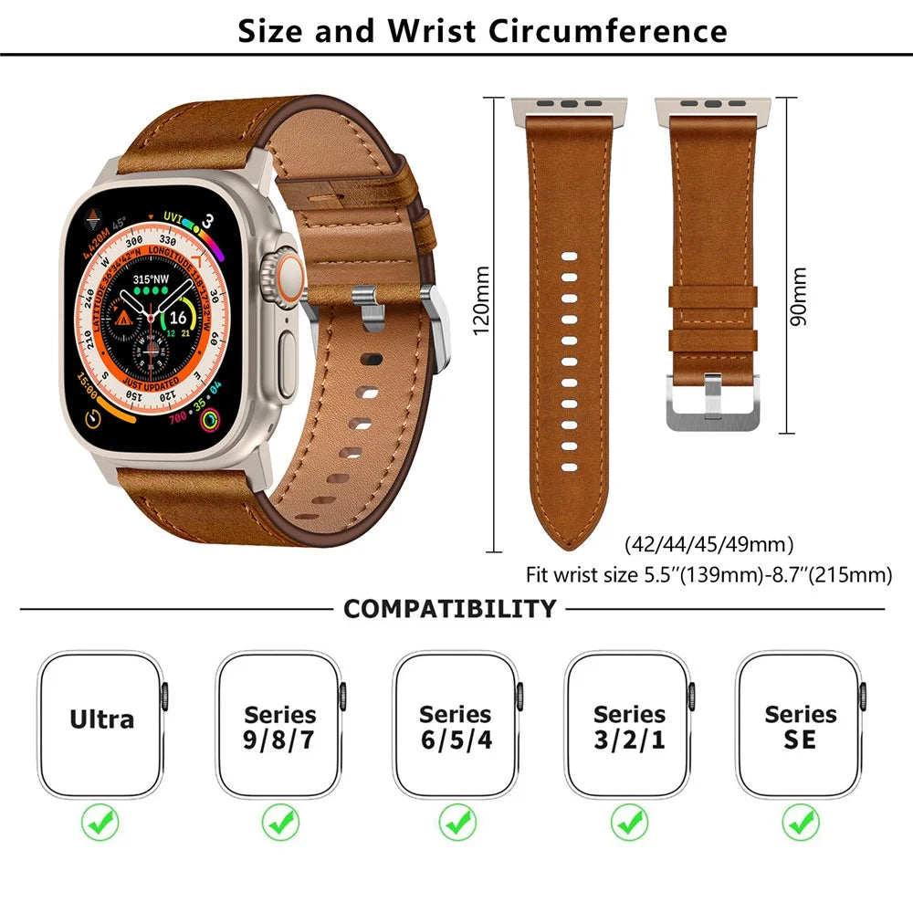 KALEBOL For Apple Watch Ultra 3 2 1 49mm / Series 11 10 46mm / 9 8 7 45mm / SE3 SE2 SE 6 5 4 44mm / 3 2 1 42mm Cowhide Leather Band - Titanium+Red Brown - 7