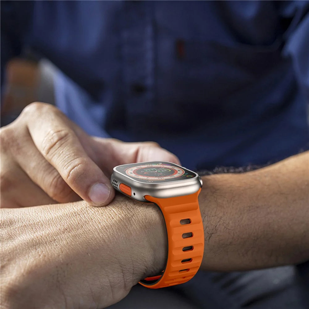 KALEBOL For Apple Watch Ultra 3 2 1 49mm / Series 11 10 46mm / 9 8 7 45mm / SE3 SE2 SE 6 5 4 44mm / 3 2 1 42mm Silicone Watch Strap - Orange+Black - 5