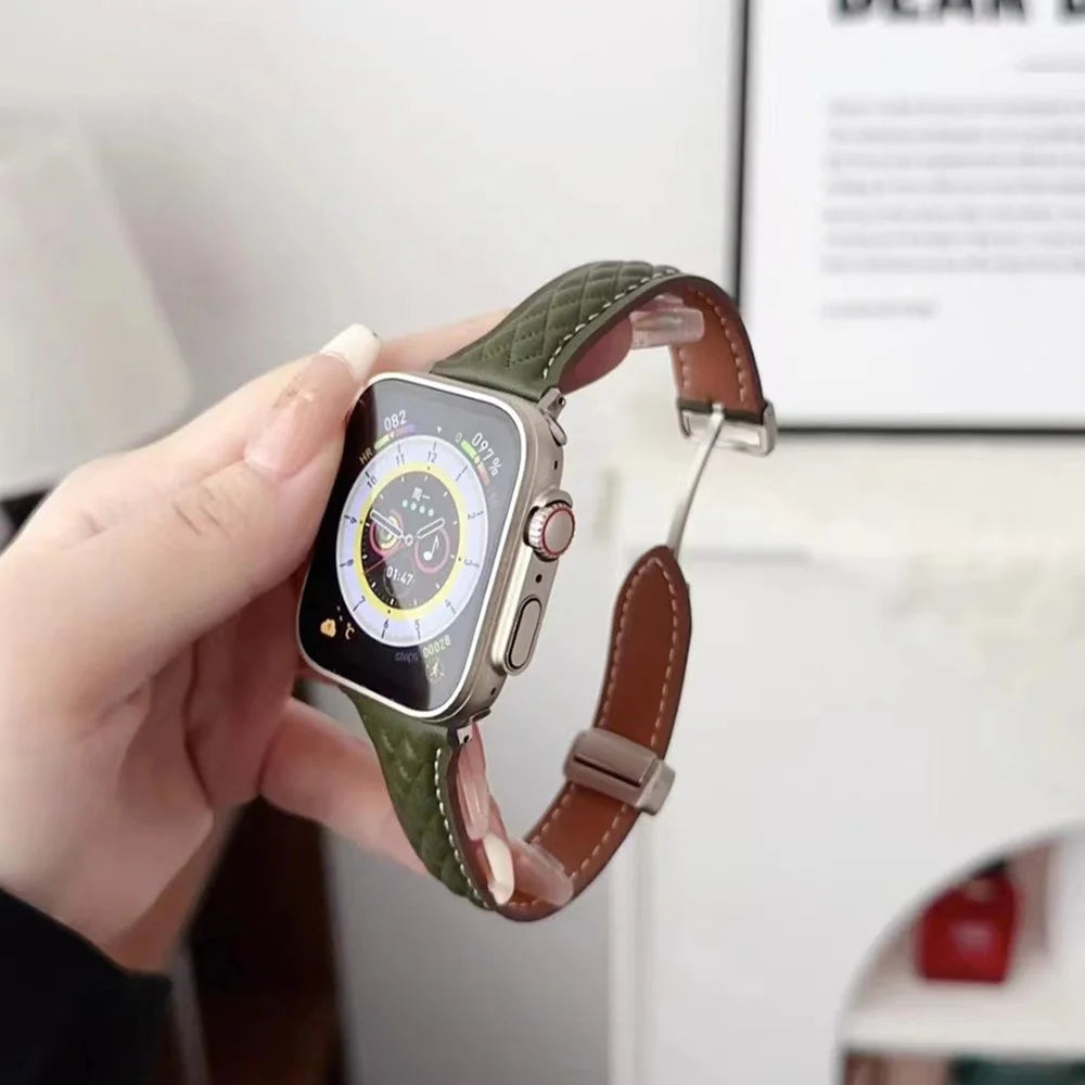 KALEBOL For Apple Watch Series 11 10 42mm / 9 8 7 41mm / SE3 SE2 SE 6 5 4 40mm / 3 2 1 38mm Genuine Leather Watch Strap - Olive Green - 5