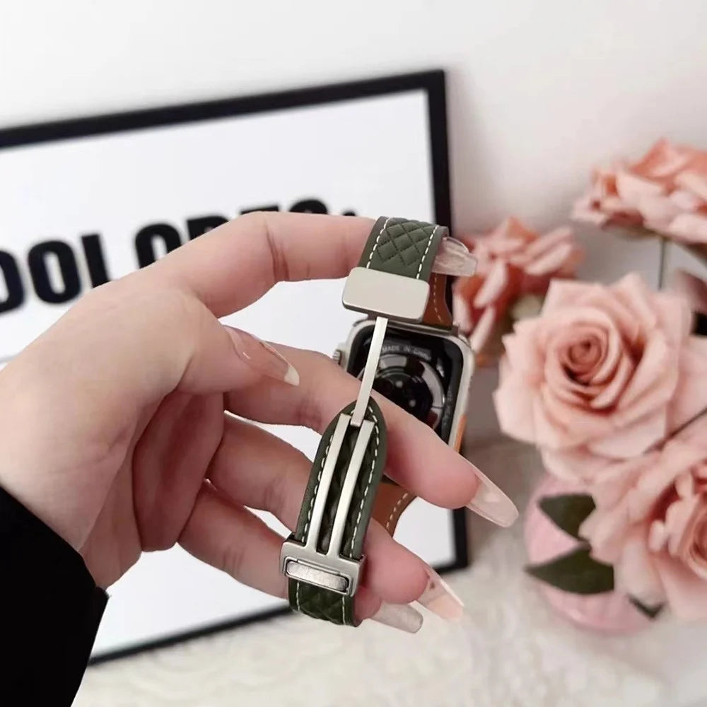 KALEBOL For Apple Watch Series 11 10 42mm / 9 8 7 41mm / SE3 SE2 SE 6 5 4 40mm / 3 2 1 38mm Genuine Leather Watch Strap - Olive Green - 6