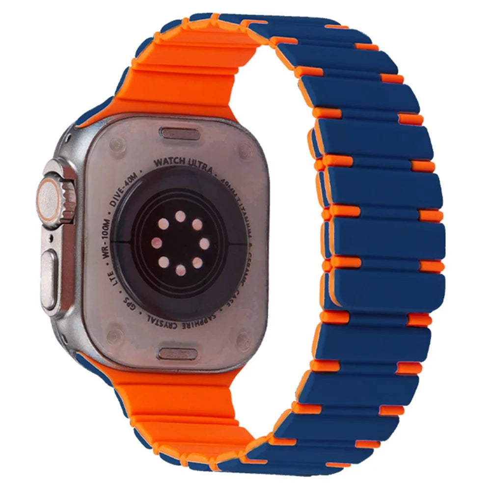 For Apple Watch Series 11 10 42mm / 9 8 7 41mm / SE3 SE2 SE 6 5 4 40mm / 3 2 1 38mm Dual Color Magnetic Silicone Watch Strap - Midnight Blue+Orange - 1