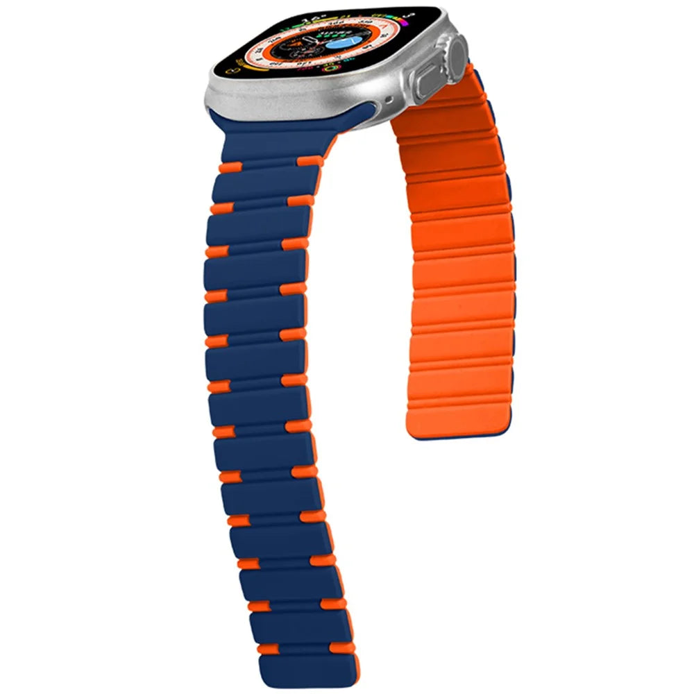 For Apple Watch Series 11 10 42mm / 9 8 7 41mm / SE3 SE2 SE 6 5 4 40mm / 3 2 1 38mm Dual Color Magnetic Silicone Watch Strap - Midnight Blue+Orange - 2