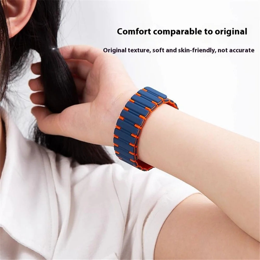 For Apple Watch Series 11 10 42mm / 9 8 7 41mm / SE3 SE2 SE 6 5 4 40mm / 3 2 1 38mm Dual Color Magnetic Silicone Watch Strap - Midnight Blue+Orange - 3