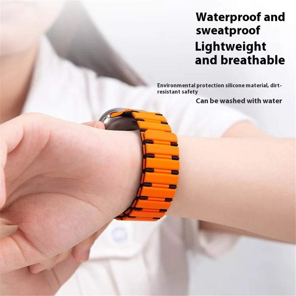 For Apple Watch Series 11 10 42mm / 9 8 7 41mm / SE3 SE2 SE 6 5 4 40mm / 3 2 1 38mm Dual Color Magnetic Silicone Watch Strap - Midnight Blue+Orange - 4