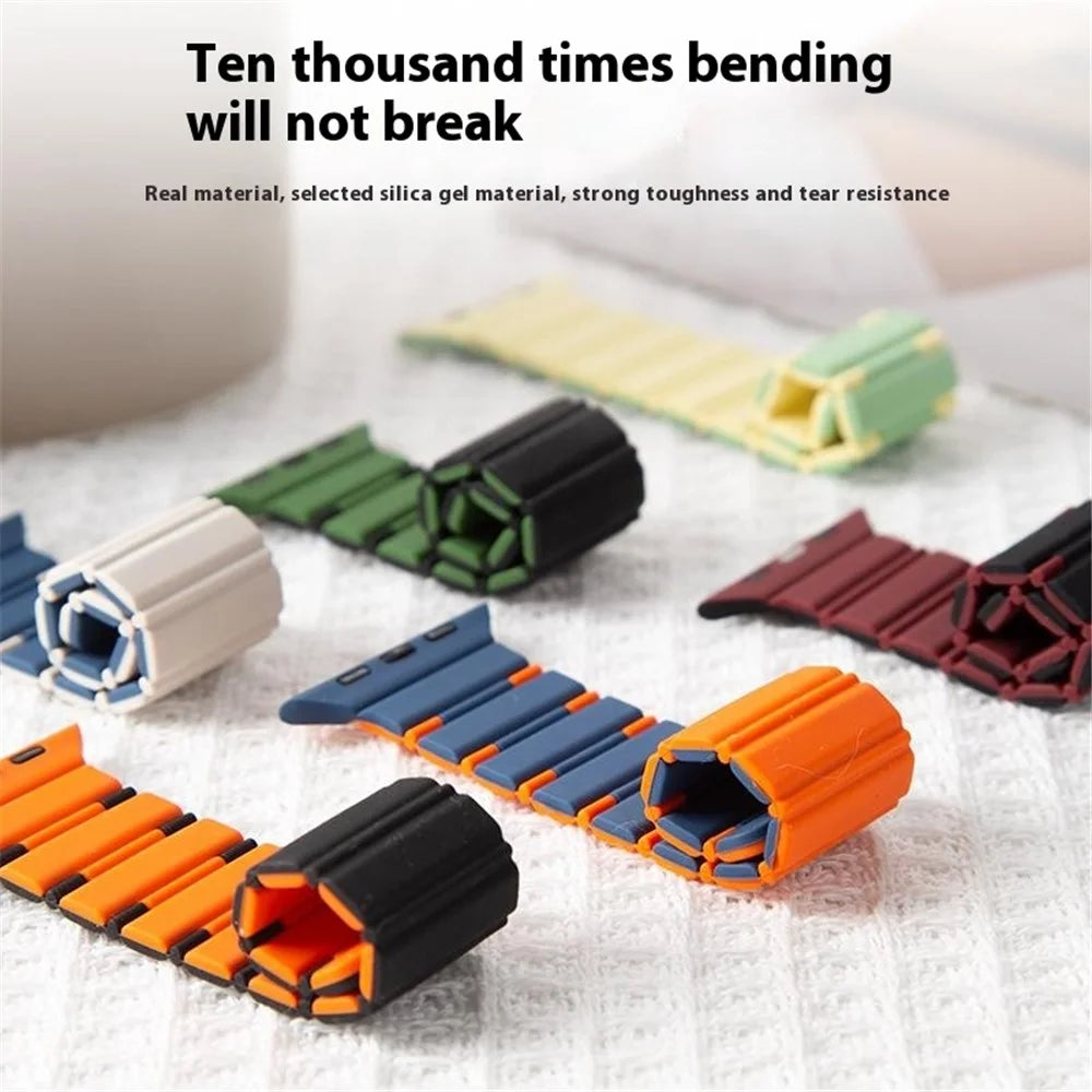 For Apple Watch Series 11 10 42mm / 9 8 7 41mm / SE3 SE2 SE 6 5 4 40mm / 3 2 1 38mm Dual Color Magnetic Silicone Watch Strap - Midnight Blue+Orange - 5