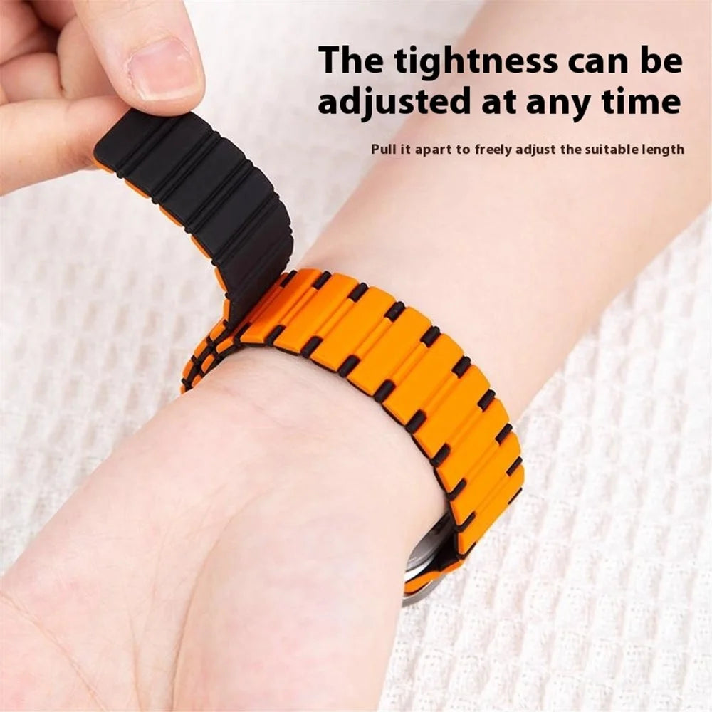 For Apple Watch Series 11 10 42mm / 9 8 7 41mm / SE3 SE2 SE 6 5 4 40mm / 3 2 1 38mm Dual Color Magnetic Silicone Watch Strap - Midnight Blue+Orange - 6