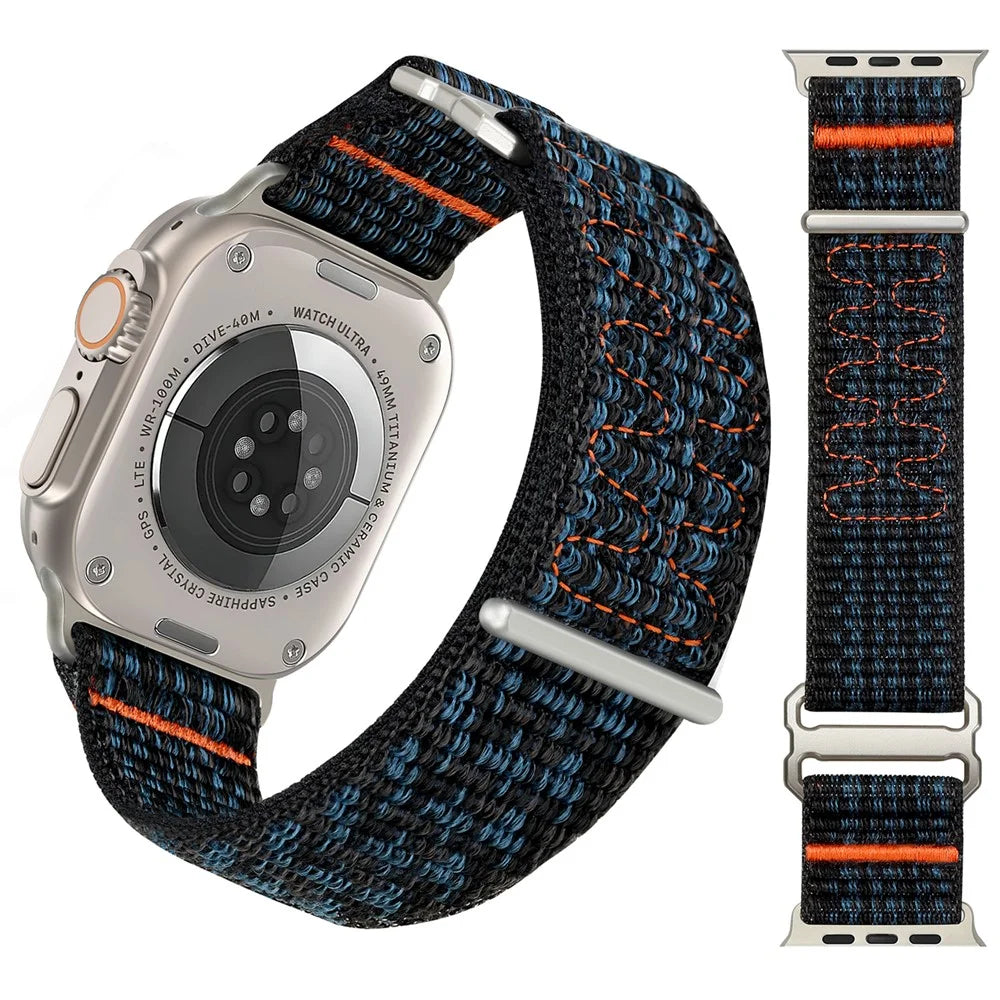 For Apple Watch Series 11 10 42mm / 9 8 7 41mm / SE3 SE2 SE 6 5 4 40mm / 3 2 1 38mm Magic Tape Strap Adjustable Nylon Watch Band - Black+Blue - 1