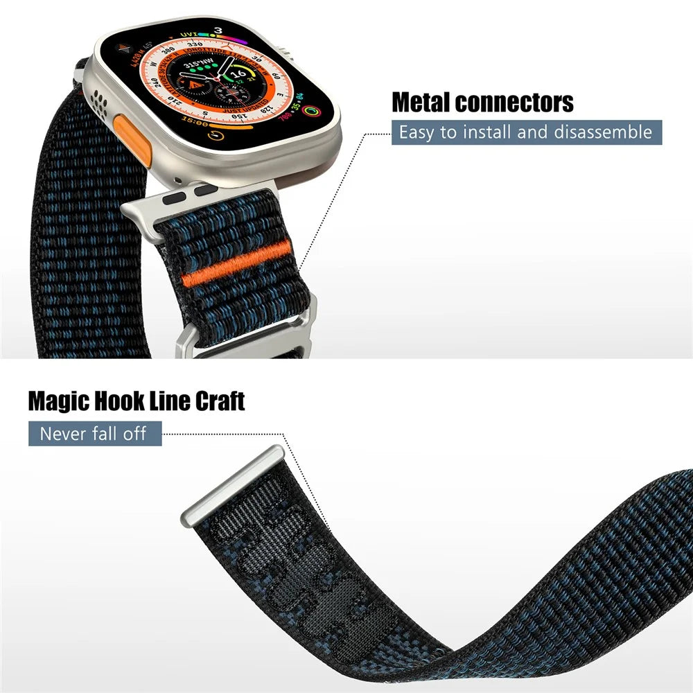 For Apple Watch Series 11 10 42mm / 9 8 7 41mm / SE3 SE2 SE 6 5 4 40mm / 3 2 1 38mm Magic Tape Strap Adjustable Nylon Watch Band - Black+Blue - 5