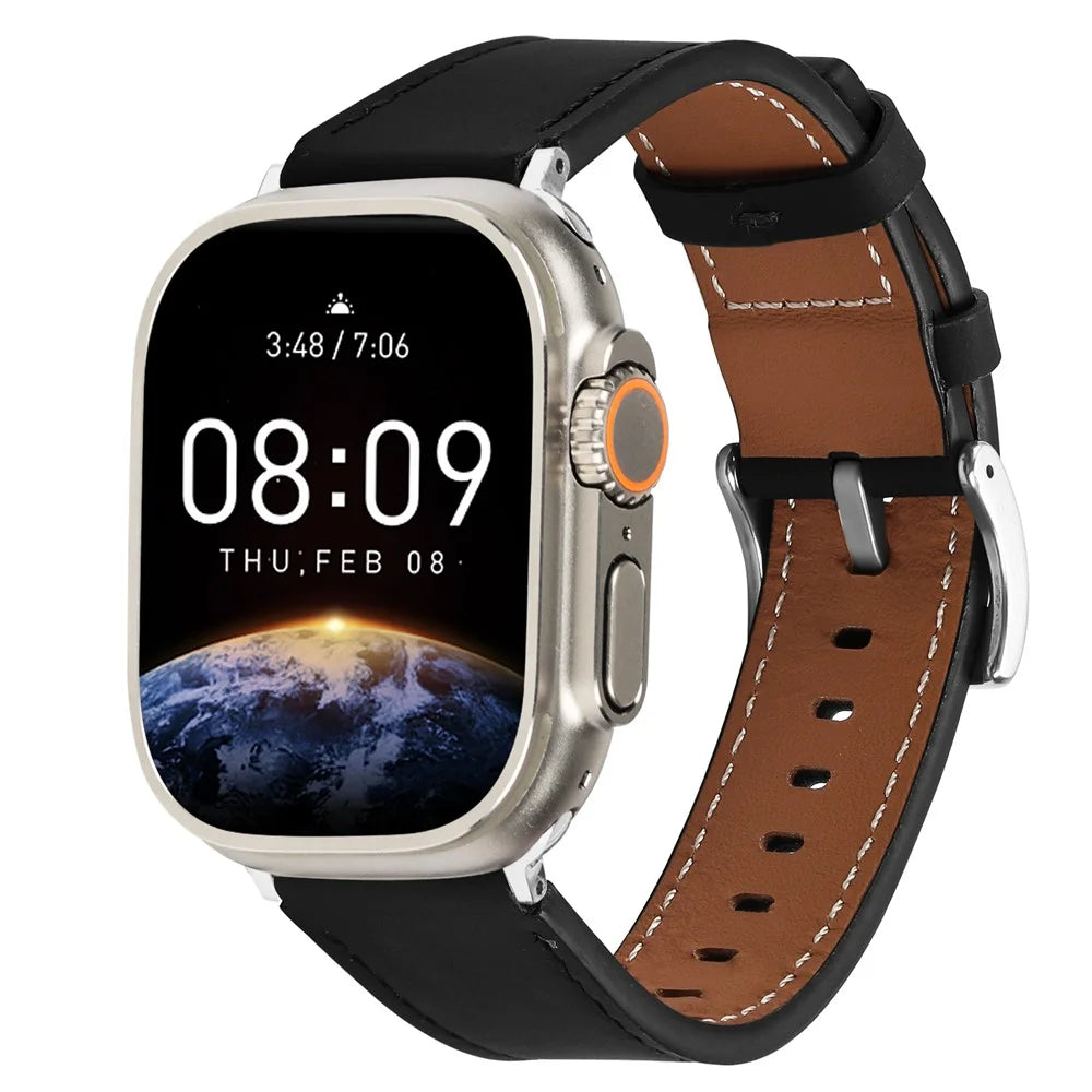 For Apple Watch Ultra 3 2 1 49mm / Series 11 10 46mm / 9 8 7 45mm / SE3 SE2 SE 6 5 4 44mm / 3 2 1 42mm Genuine Leather Watch Band - Black - 2