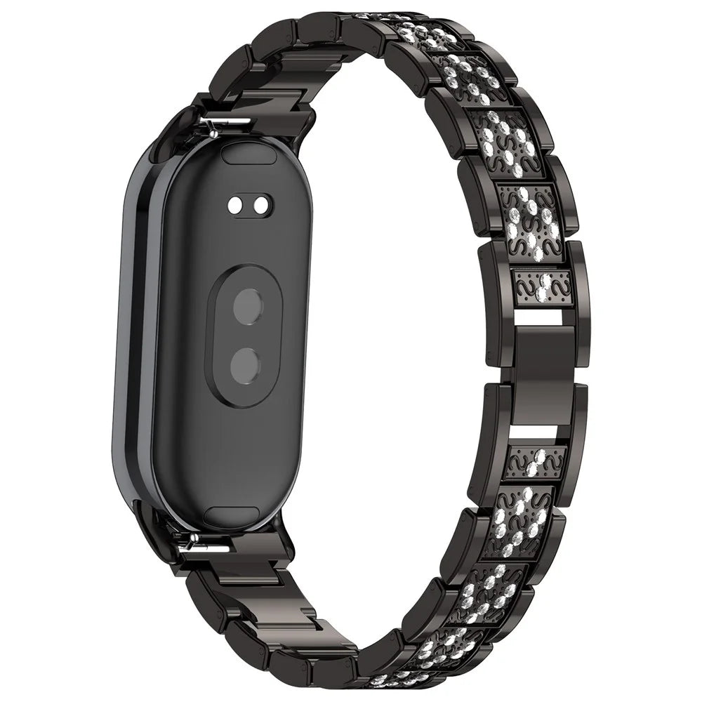 For Xiaomi Smart Band 9 / 9 NFC / 8 / 8 NFC Watch Strap Rhinestone Decor 3-Bead Stainless Steel Band - Black - 1