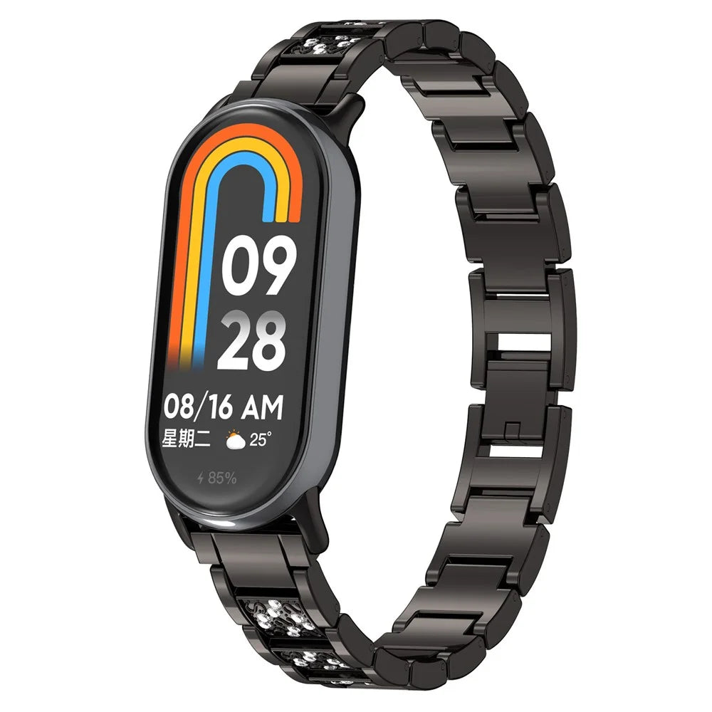 For Xiaomi Smart Band 9 / 9 NFC / 8 / 8 NFC Watch Strap Rhinestone Decor 3-Bead Stainless Steel Band - Black - 2