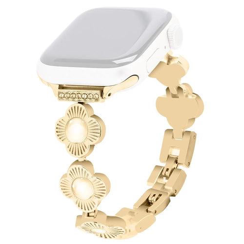 For Apple Watch Ultra 3 2 1 49mm / Series 11 10 46mm / 9 8 7 45mm / SE3 SE2 SE 6 5 4 44mm / 3 2 1 42mm Flower Design Metal Watch Strap - Gold - 1
