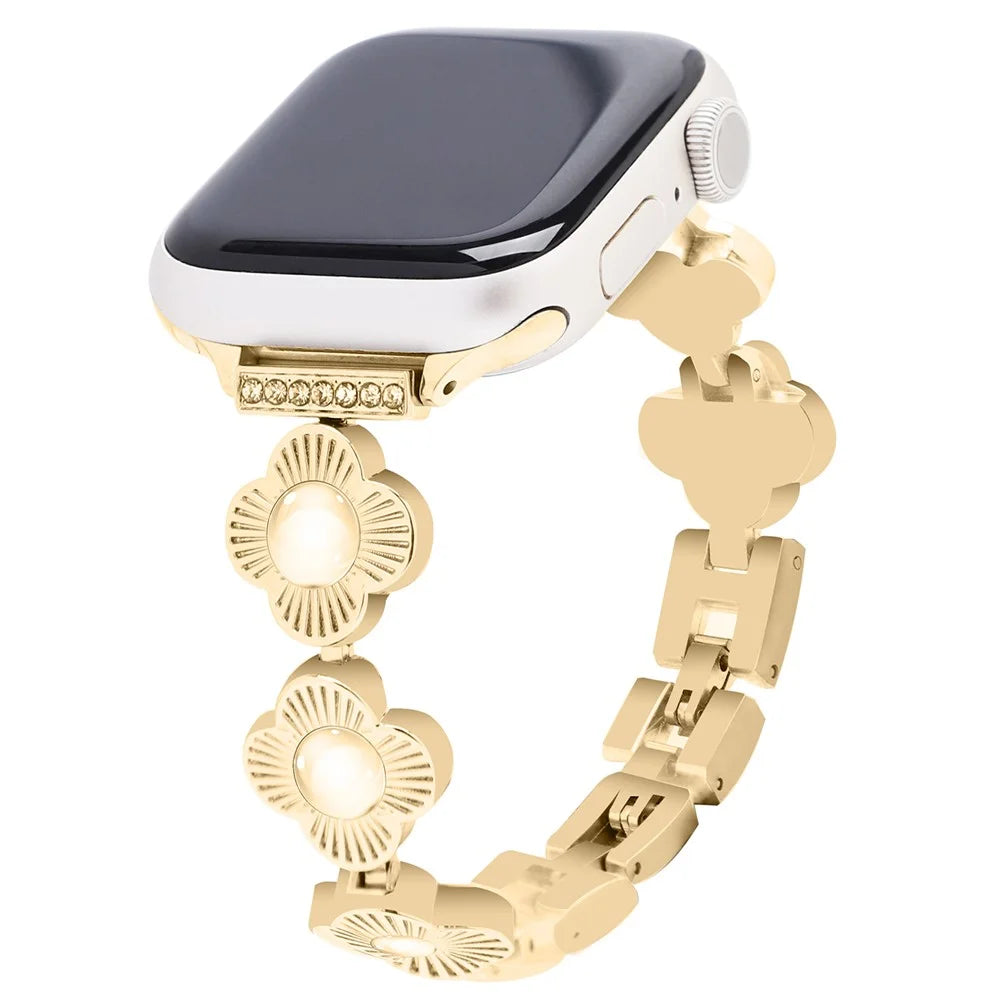 For Apple Watch Ultra 3 2 1 49mm / Series 11 10 46mm / 9 8 7 45mm / SE3 SE2 SE 6 5 4 44mm / 3 2 1 42mm Flower Design Metal Watch Strap - Gold - 2