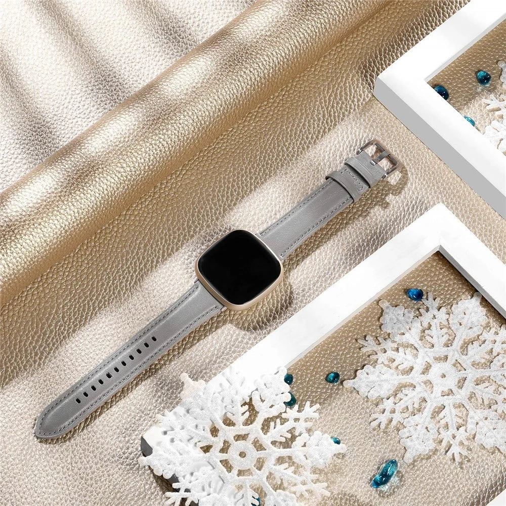 For Fitbit Versa 4 / Fitbit Sense 2 Watch Strap Genuine Cow Leather Wrist Band - Grey - 4
