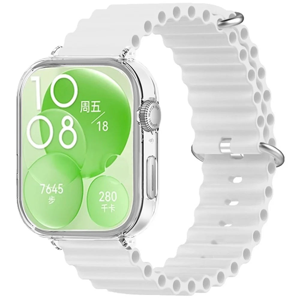 For Huawei Watch Fit 3 Silicone Strap Sports Watch Band with Transparent PC Case - White - 1