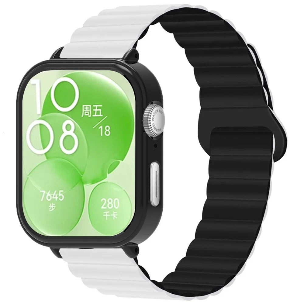 For Huawei Watch Fit 3 Silicone Strap Magnetic Watch Band with Black PC Watch Case - White+Black - 1