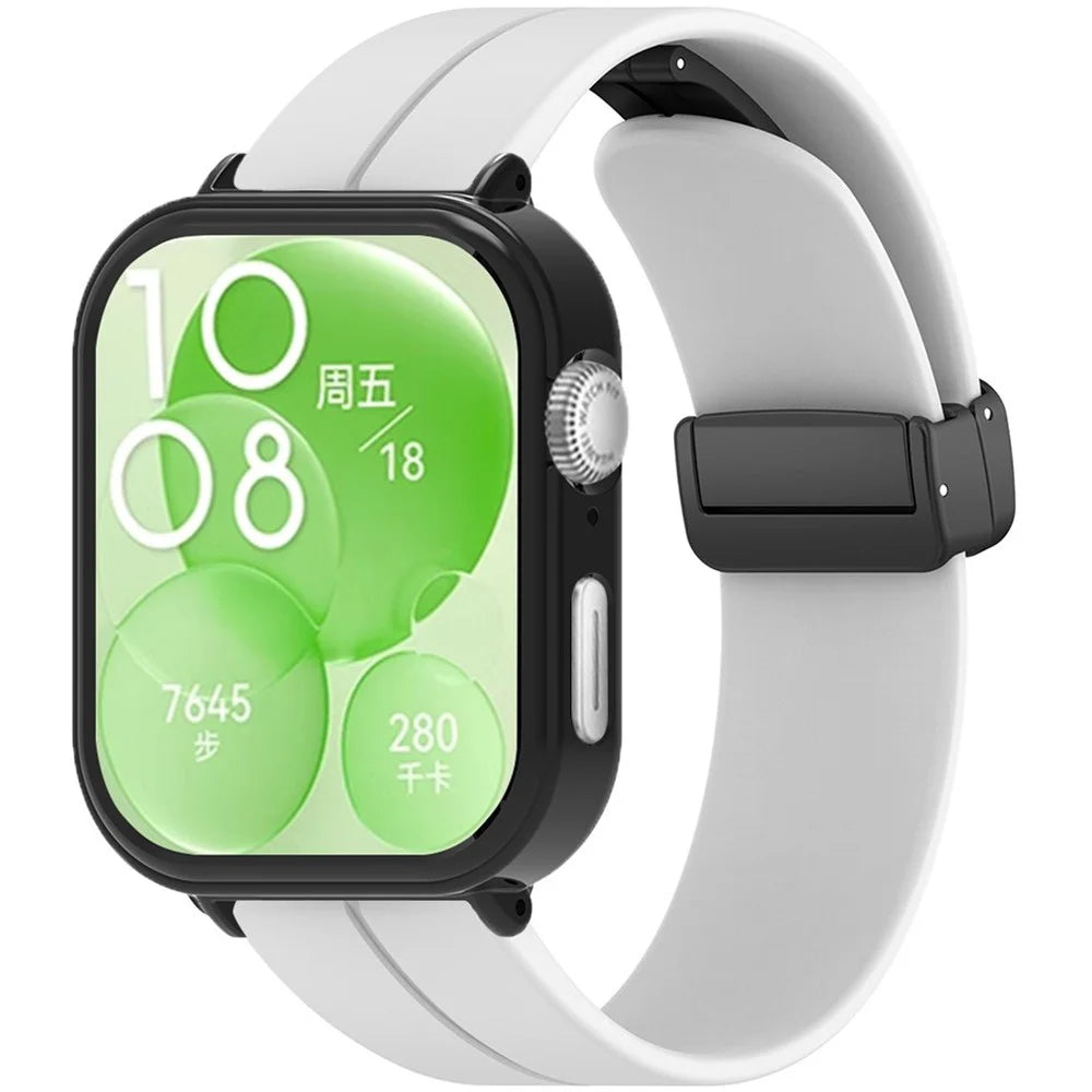 For Huawei Watch Fit 3 Magnetic Buckle Watchband Soft Silicone Watch Strap with Blackpc Watch Case - White - 1