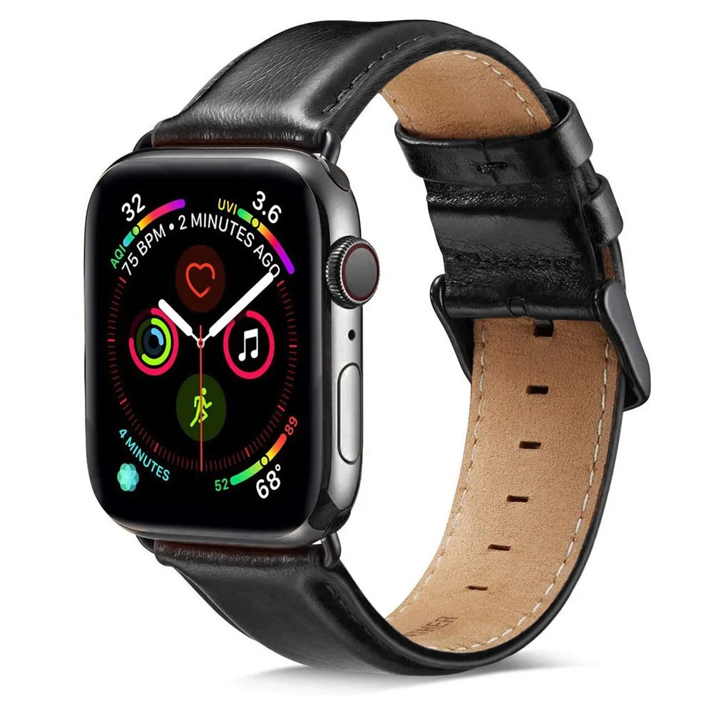 Genuine Leather Smart Watch Band for Apple Watch Ultra 3 2 1 49mm / Series 11 10 46mm / 9 8 7 45mm / SE3 SE2 SE 6 5 4 44mm / 3 2 1 42mm - Black - 2