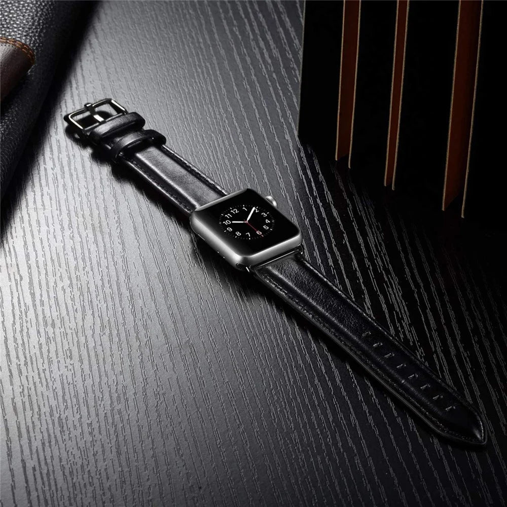 Genuine Leather Smart Watch Band for Apple Watch Ultra 3 2 1 49mm / Series 11 10 46mm / 9 8 7 45mm / SE3 SE2 SE 6 5 4 44mm / 3 2 1 42mm - Black - 6