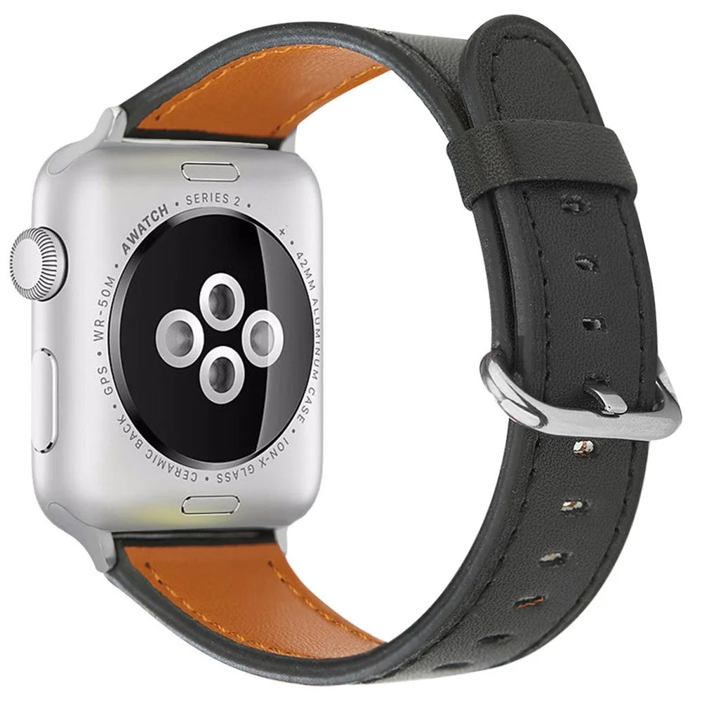 For Apple Watch Series 11 10 42mm / 9 8 7 41mm / SE3 SE2 SE 6 5 4 40mm / 3 2 1 38mm Genuine Cow Leather Strap - Black - 1