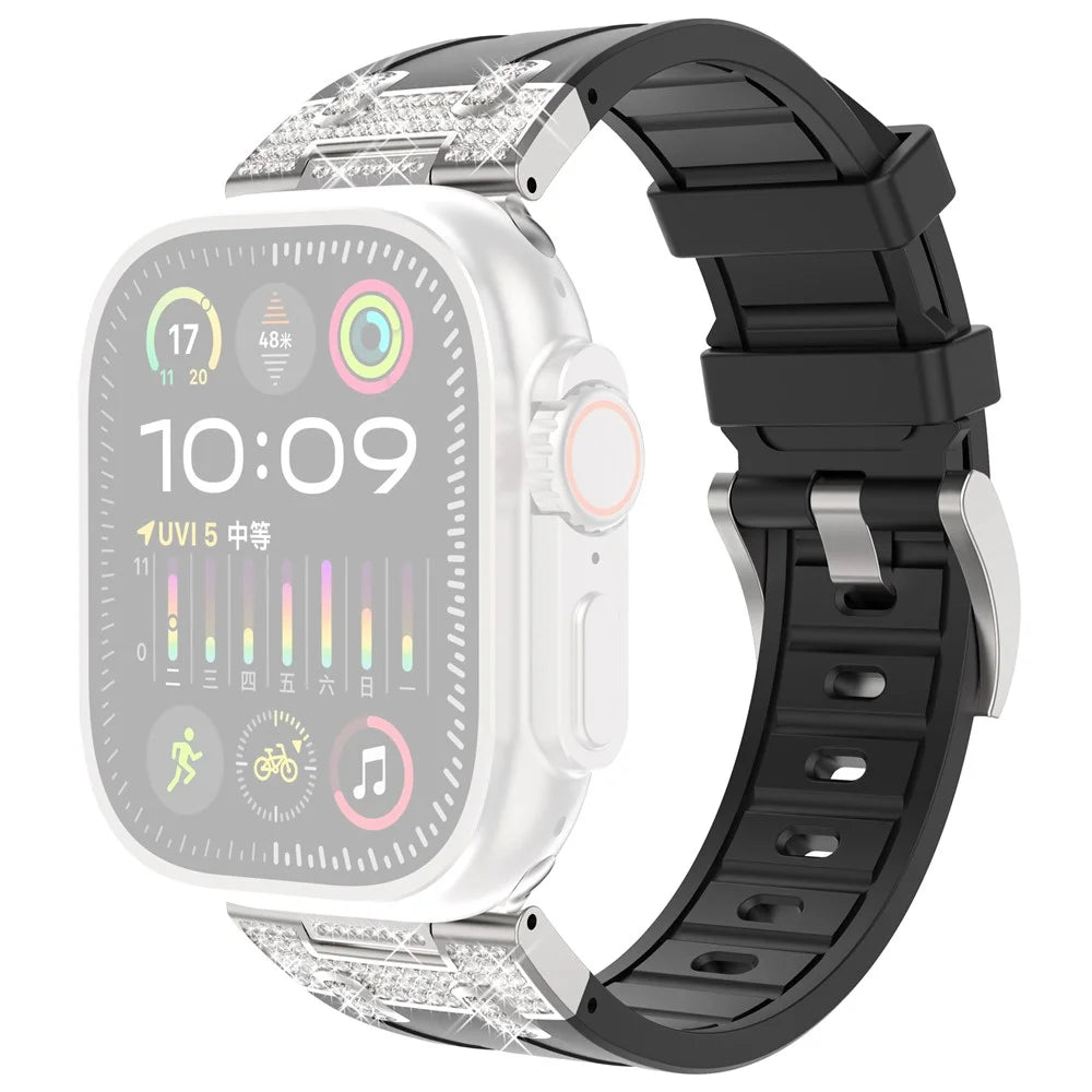 For Apple Watch Series 11 10 42mm / 9 8 7 41mm / SE3 SE2 SE 6 5 4 40mm / 3 2 1 38mm Rhinestone Silicone Rubber Strap - Black - 1
