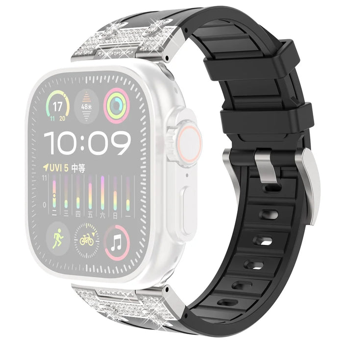 For Apple Watch Series 11 10 42mm / 9 8 7 41mm / SE3 SE2 SE 6 5 4 40mm / 3 2 1 38mm Rhinestone Silicone Rubber Strap - Black - 1