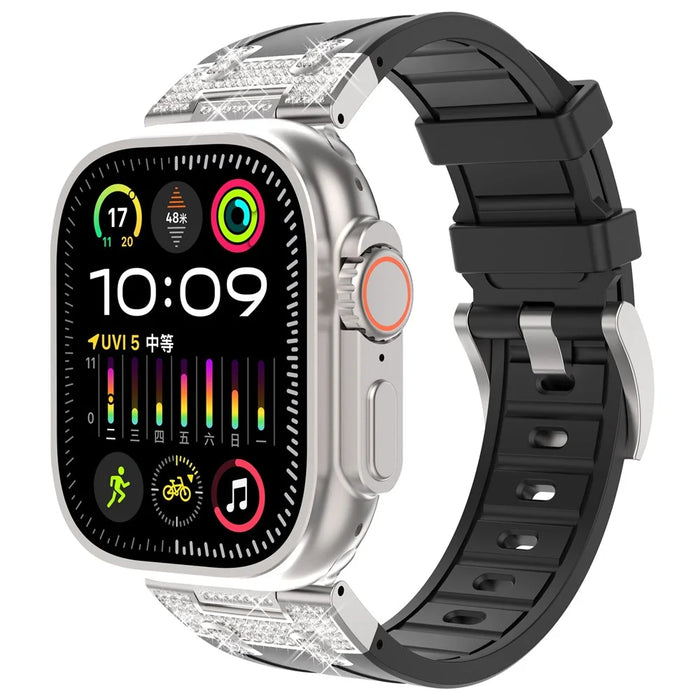 For Apple Watch Series 11 10 42mm / 9 8 7 41mm / SE3 SE2 SE 6 5 4 40mm / 3 2 1 38mm Rhinestone Silicone Rubber Strap - Black - 2