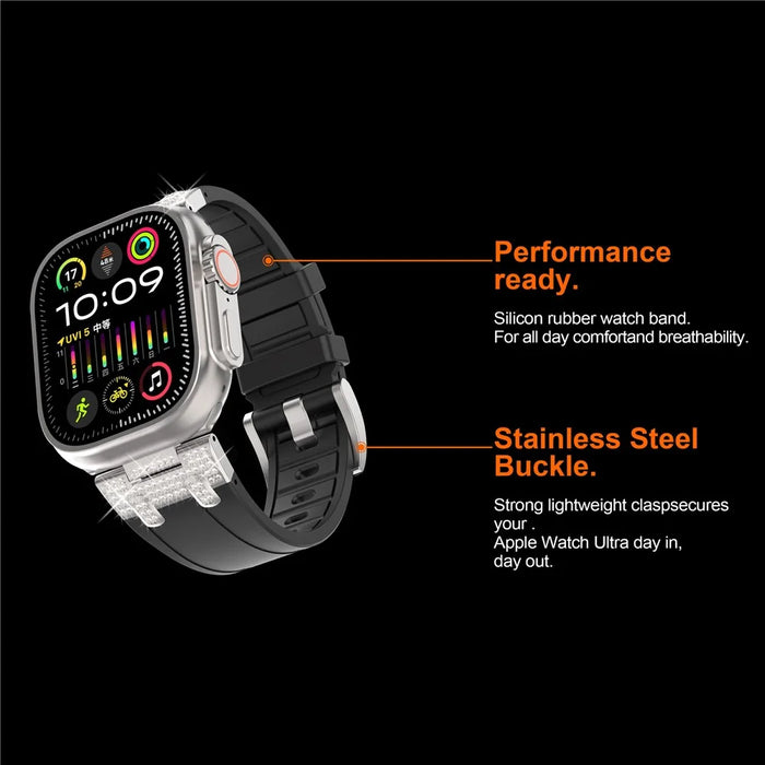 For Apple Watch Series 11 10 42mm / 9 8 7 41mm / SE3 SE2 SE 6 5 4 40mm / 3 2 1 38mm Rhinestone Silicone Rubber Strap - Black - 4