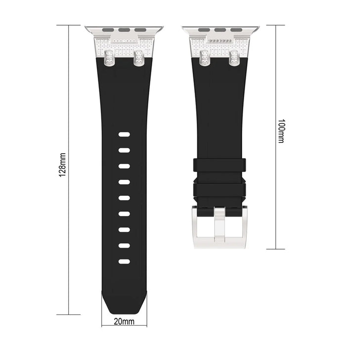 For Apple Watch Series 11 10 42mm / 9 8 7 41mm / SE3 SE2 SE 6 5 4 40mm / 3 2 1 38mm Rhinestone Silicone Rubber Strap - Black - 5