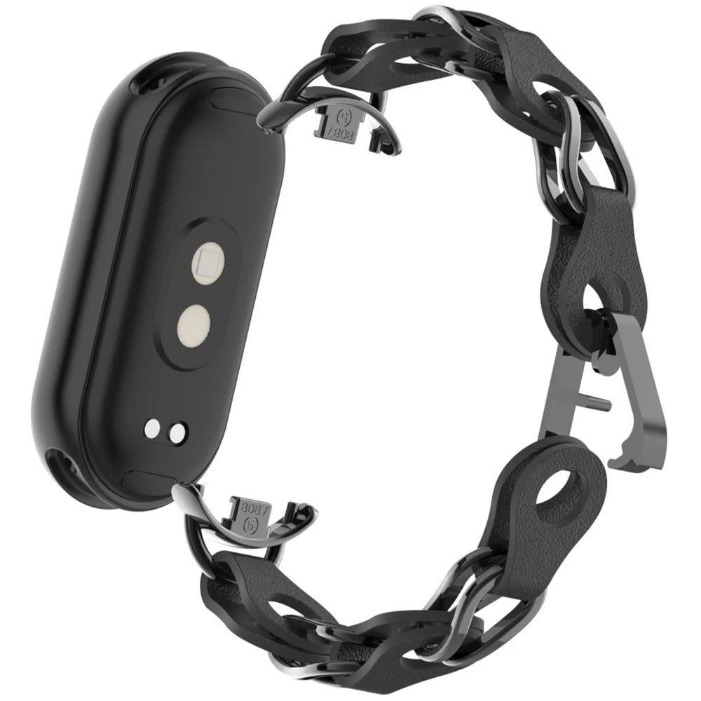 For Xiaomi Smart Band 9 / 8 Watch Band Fashion Hollow Out Zinc Alloy + Leather Chain Strap - Black - 1