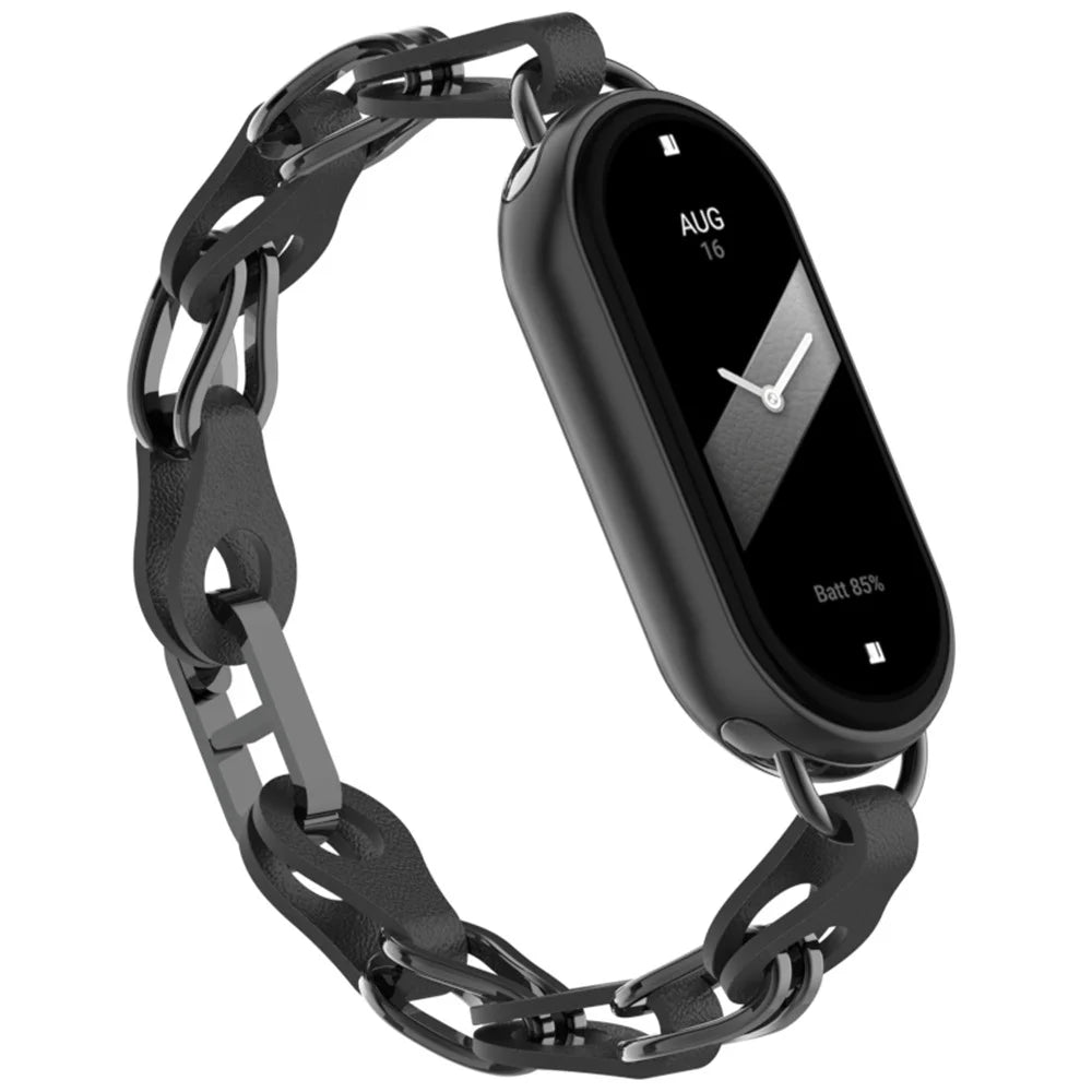 For Xiaomi Smart Band 9 / 8 Watch Band Fashion Hollow Out Zinc Alloy + Leather Chain Strap - Black - 2
