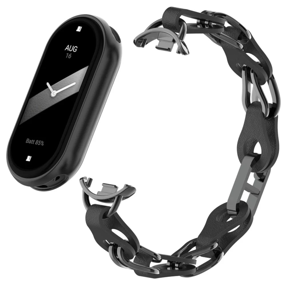 For Xiaomi Smart Band 9 / 8 Watch Band Fashion Hollow Out Zinc Alloy + Leather Chain Strap - Black - 3