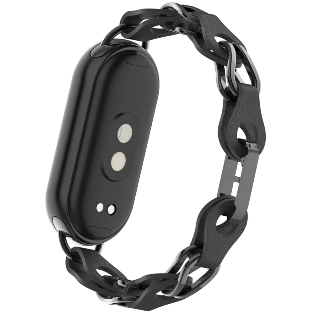 For Xiaomi Smart Band 9 / 8 Watch Band Fashion Hollow Out Zinc Alloy + Leather Chain Strap - Black - 4