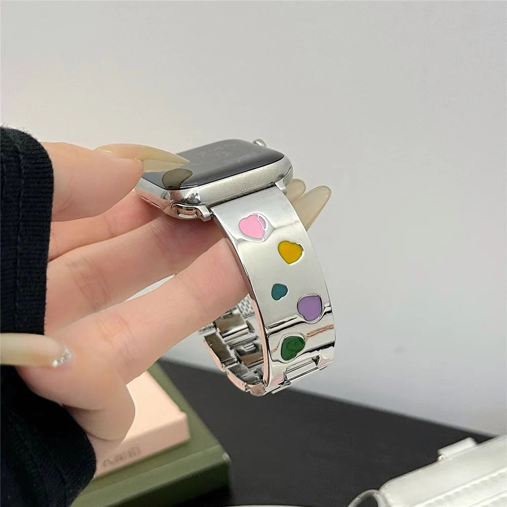 For Apple Watch Series 11 10 42mm / 9 8 7 41mm / SE3 SE2 SE 6 5 4 40mm / 3 2 1 38mm Epoxy Heart Pattern Metal Strap - Starlight - 4