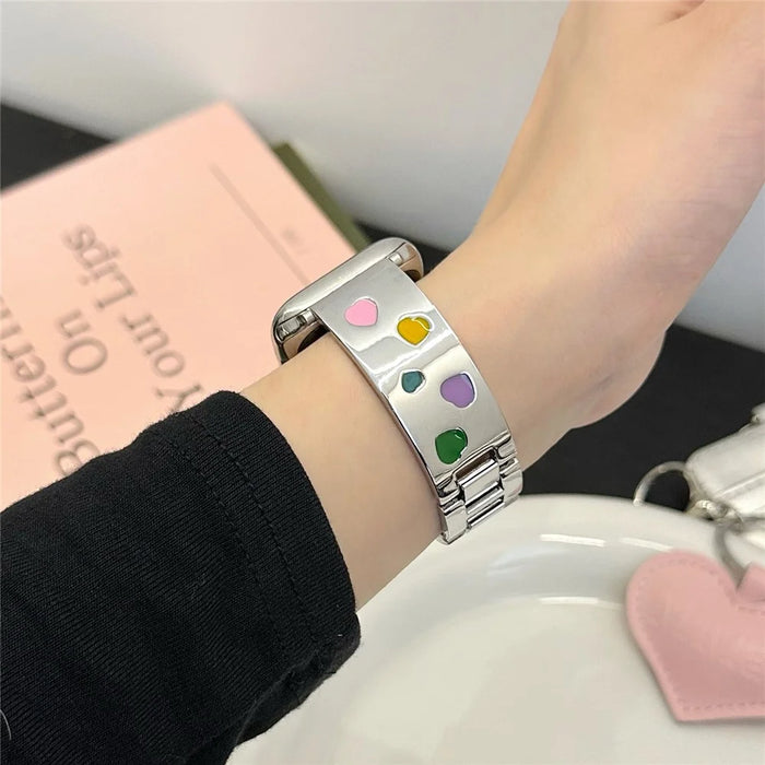 For Apple Watch Ultra 3 2 1 49mm / Series 11 10 46mm / 9 8 7 45mm / SE3 SE2 SE 6 5 4 44mm / 3 2 1 42mm Epoxy Heart Pattern Metal Strap - Starlight - 6