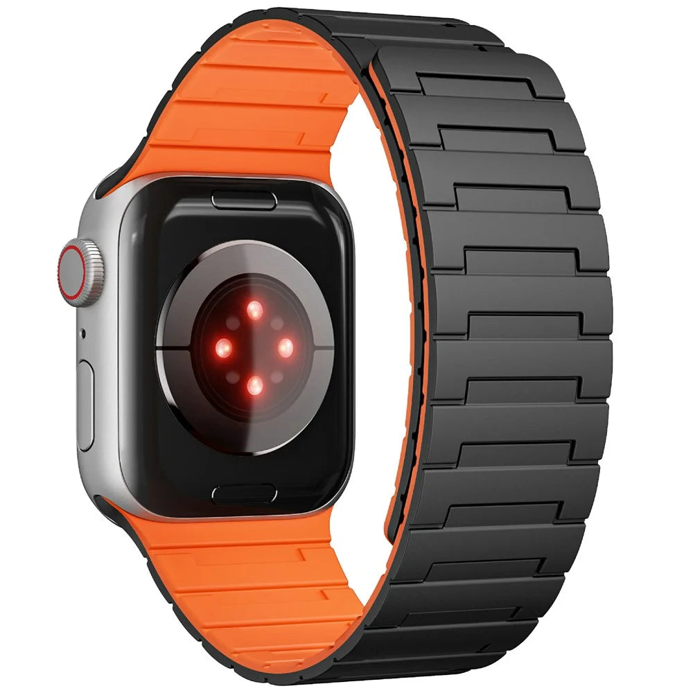 For Apple Watch Ultra 3 2 1 49mm / Series 11 10 46mm / 9 8 7 45mm / SE3 SE2 SE 6 5 4 44mm / 3 2 1 42mm Magnetic Silicone Watch Strap - Black+Orange - 1